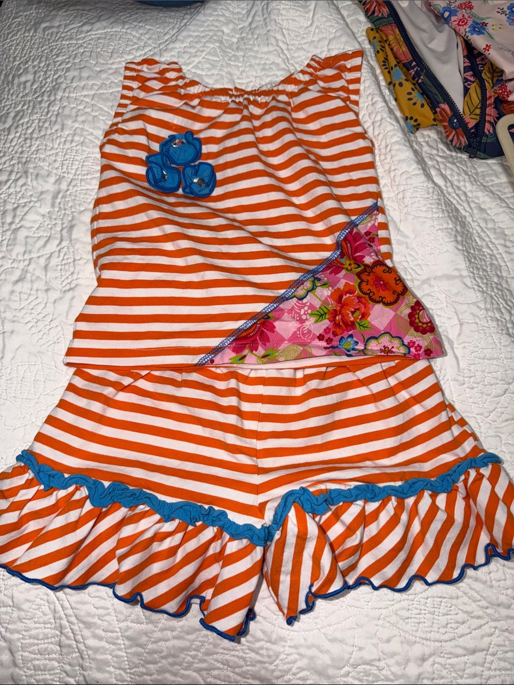 Orange & White Striped girls's Ruffle Shorts  Set
